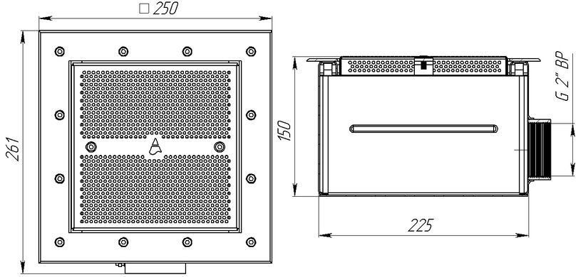 Донный слив 2" ВР, 250х250 мм (AISI 316L)