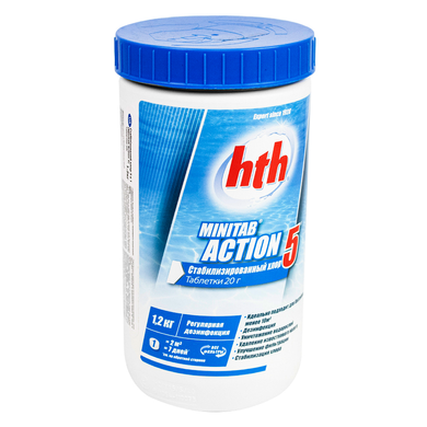 5в1 hth 1.2 кг, 20г медленнорастворимые хлорные таблетки, Minitab Action 5