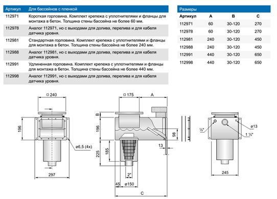 Скиммер PAHLEN CA-SNR со стандартной горловиной, с переливом, под пленку