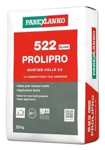 Клей для каменю 522 PROLIPRO 25кг, 1 мішок 5-7кв. м при подвійному нанесенні, білий