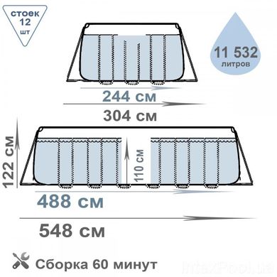 КАРКАСНИЙ БАСЕЙН РОТАНГ BESTWAY, 488Х244Х122 СМ (ФІЛЬТР-НАСОС, ДОЗАТОР, СХОДИ, ТЕНТ)